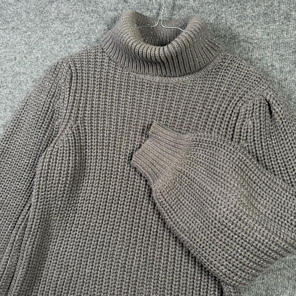 Alfani Turtleneck Sweater Womens Small Gray Metallic Ribbed Knit Puffy Sleeve